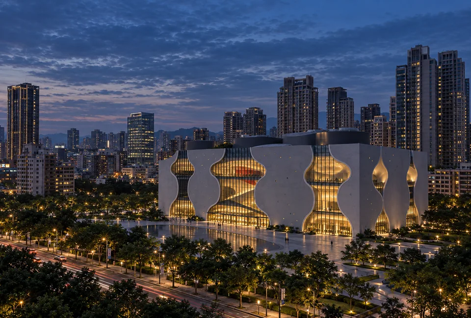 台中國家歌劇院暮藍夜景 AI 生成示意